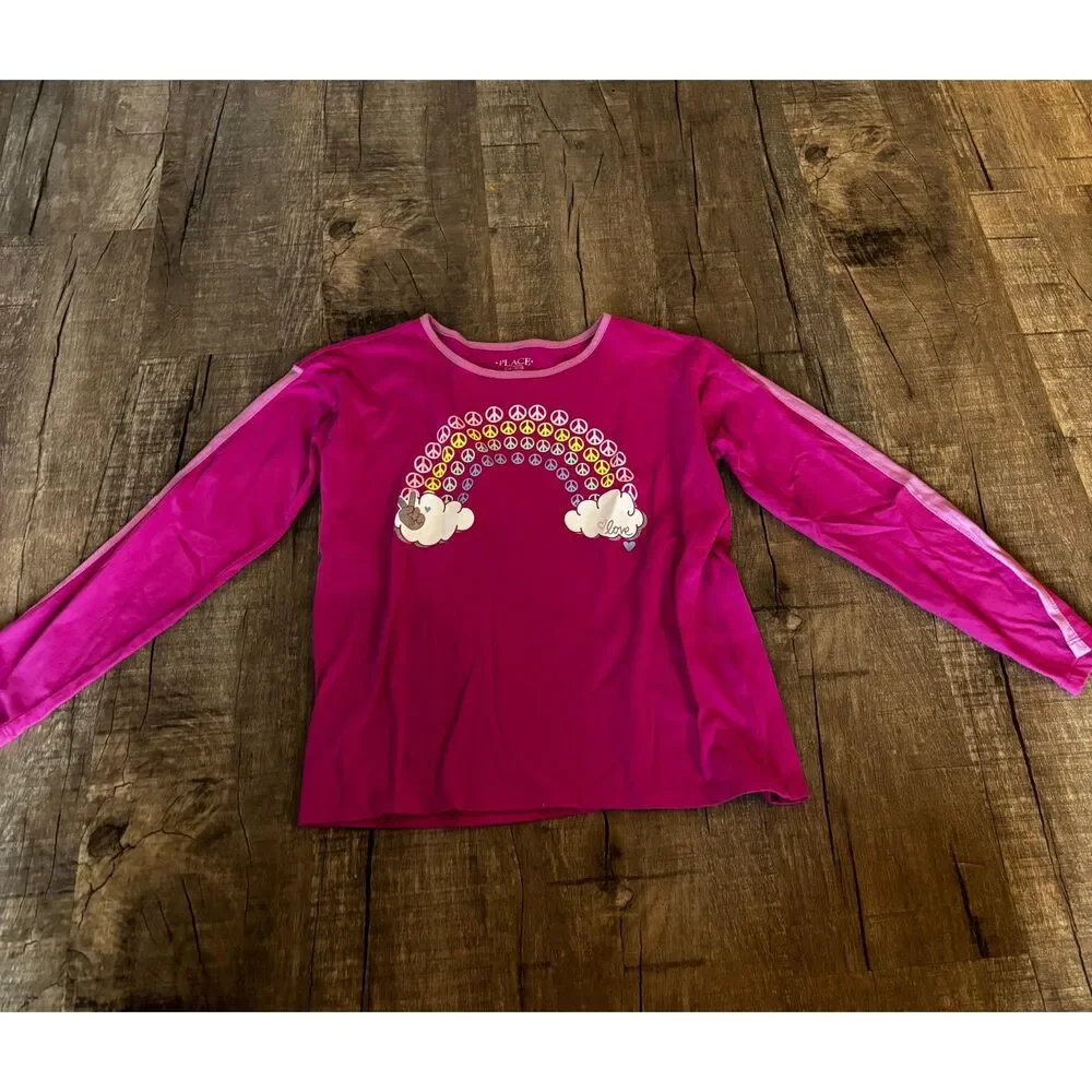 The Children’s Place Girls Long Sleeve Shirt L 10/12 Pink Rainbow Peace‎